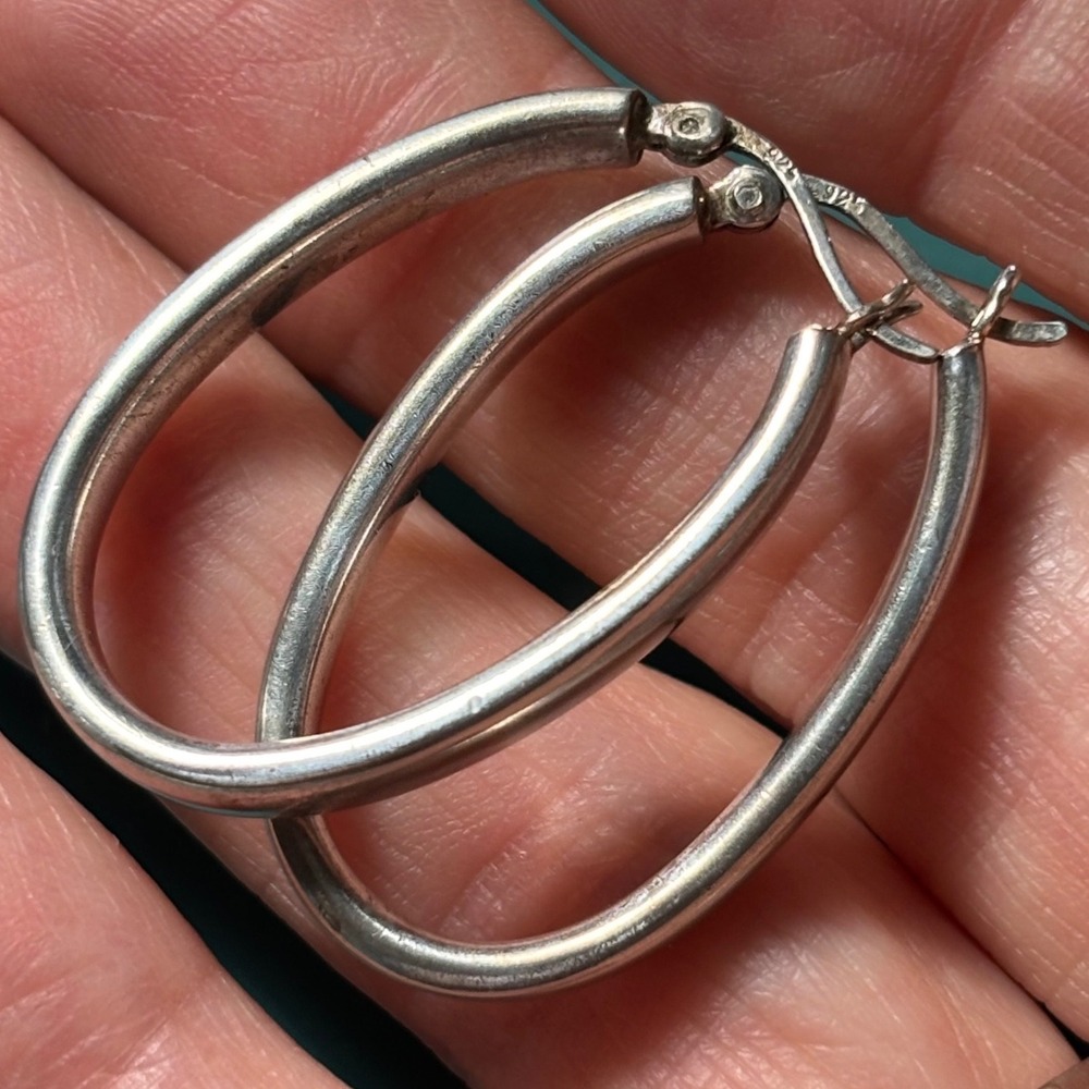 Hoop Earrings Silver Sterling 925 Oval Hinged Snap Back Polished 1.25 Inch